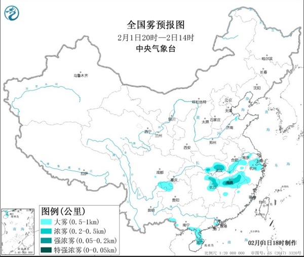 大雾黄色预警：湖北湖南江西等局地有强浓雾1