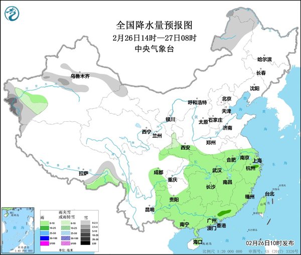 2月27日至3月1日中东部将出现大范围雨雪天气1