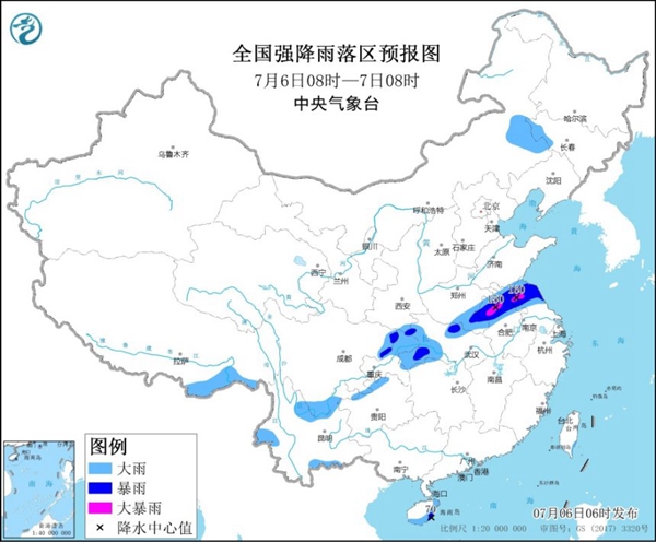 暴雨黄色预警：安徽江苏等局地有大暴雨1