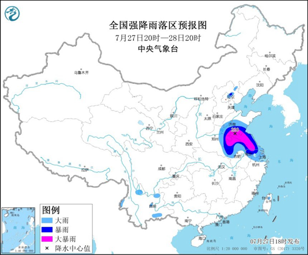 暴雨黄色预警：江苏安徽山东等地部分地区有大暴雨1